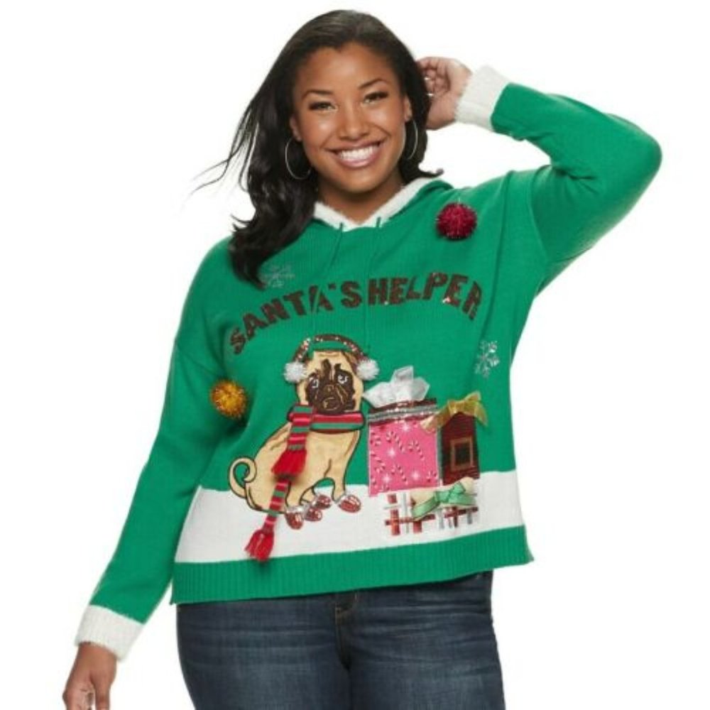 It's Our Time NWT Santa's Helper Pug Dog Hood Ugly Christmas Sweater XS